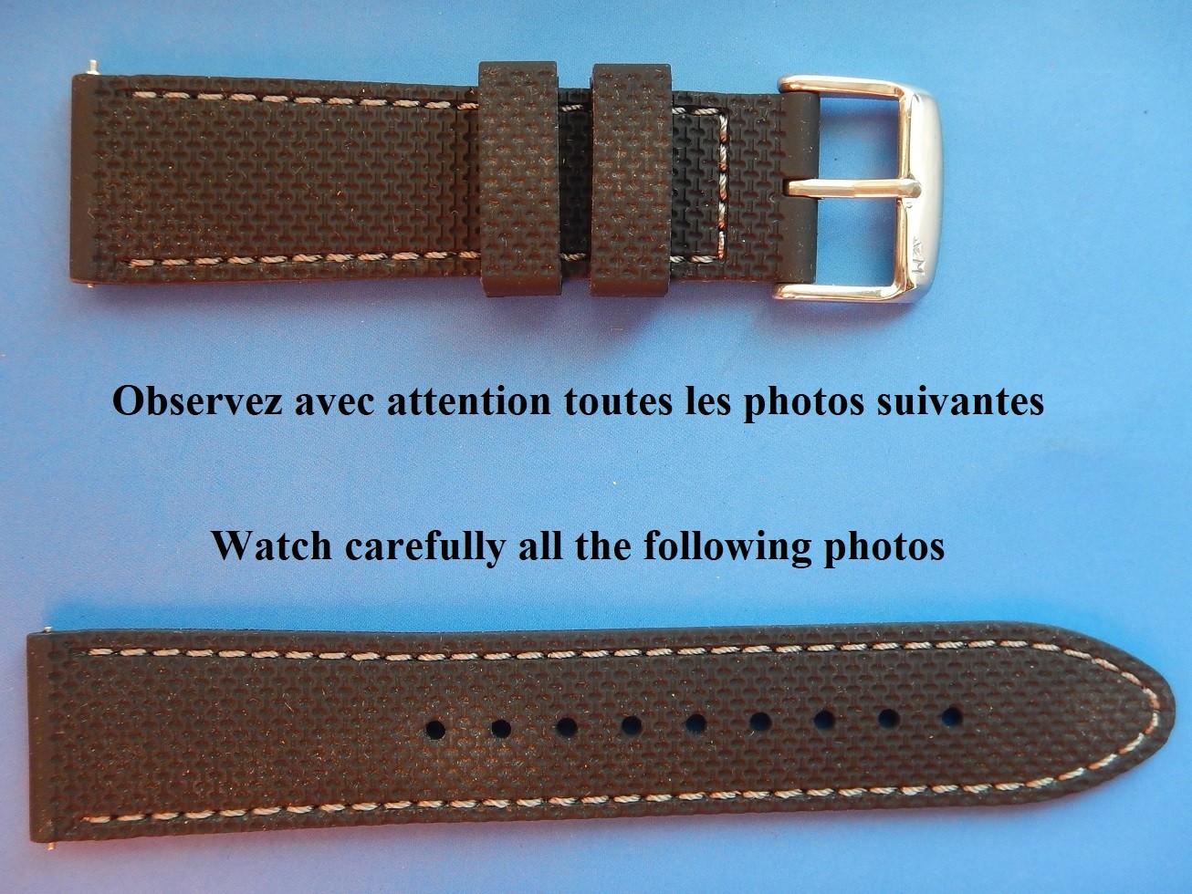 Bracelet montre 22mm en gomme silicone solide noire avec surpiqûres grises