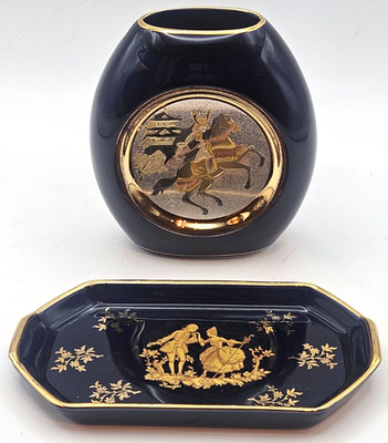The Art of Chokin 24k Gold Edged Mini Vase 9cm & French Limoges Pin Dish 12cm