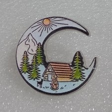 Camping Moon Sun Acrylic 2D Lapel Pin Badge Stars Cabin Mountains 