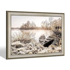 Lake Framed Canvas Wall Art: Sunset Boat Artwork Nature Landscape Picture Win...