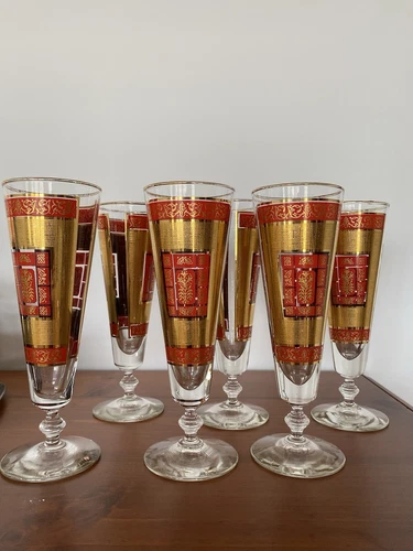 Vintage Red & Gold Pilsner Drinking Glasses Footed Pilsner Style Glassware Set 6