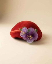Vintage Red Felt Pillbox Hat with Purple Flowers 1960s Wool Felt Hat Floral