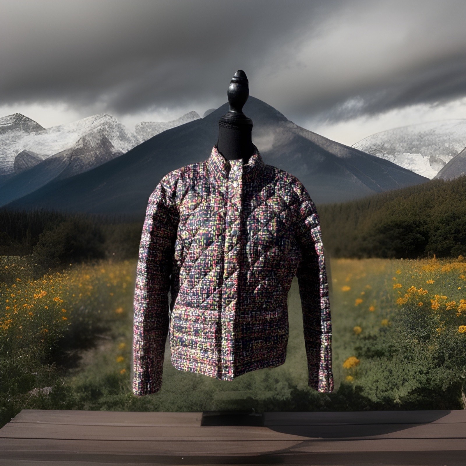 Lands' End Quilted Down Patterned Jacket Snap Zip… - image 1