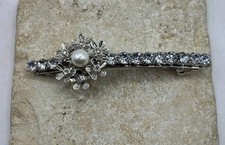 Vintage Signed Clip Paris Silver Tone Rhinestone Flower Barrette Hair Clip