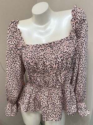NWT Who What Wear Womens Puff Sleeve Peplum Top Pink Mini Leaves Sz XL Chic Boho