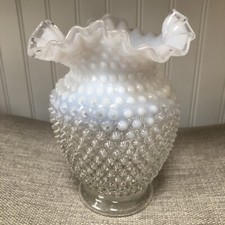 Fenton Glass French WHITE Opalescent HOBNAIL Flared 6" Tall Vase Crimped