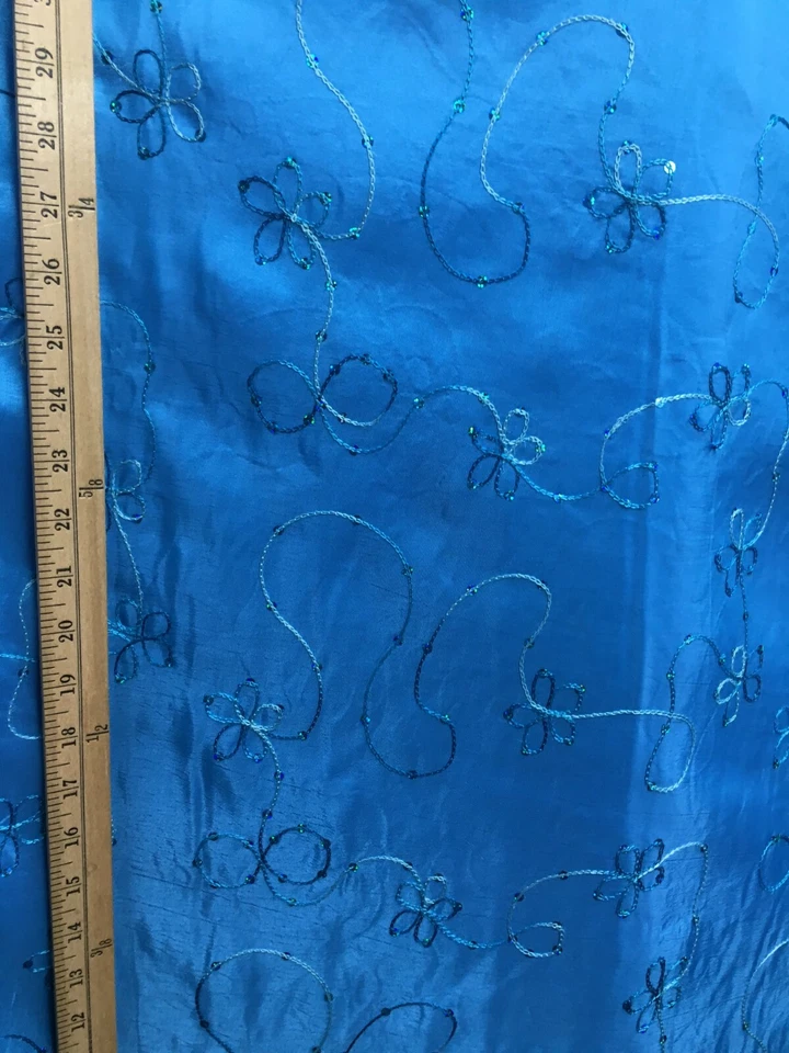 BLUE FLORAL SEQUINS EMBROIDERY TAFFETA FABRIC (60 in.) Sold By The Yard - Image 2 of 4