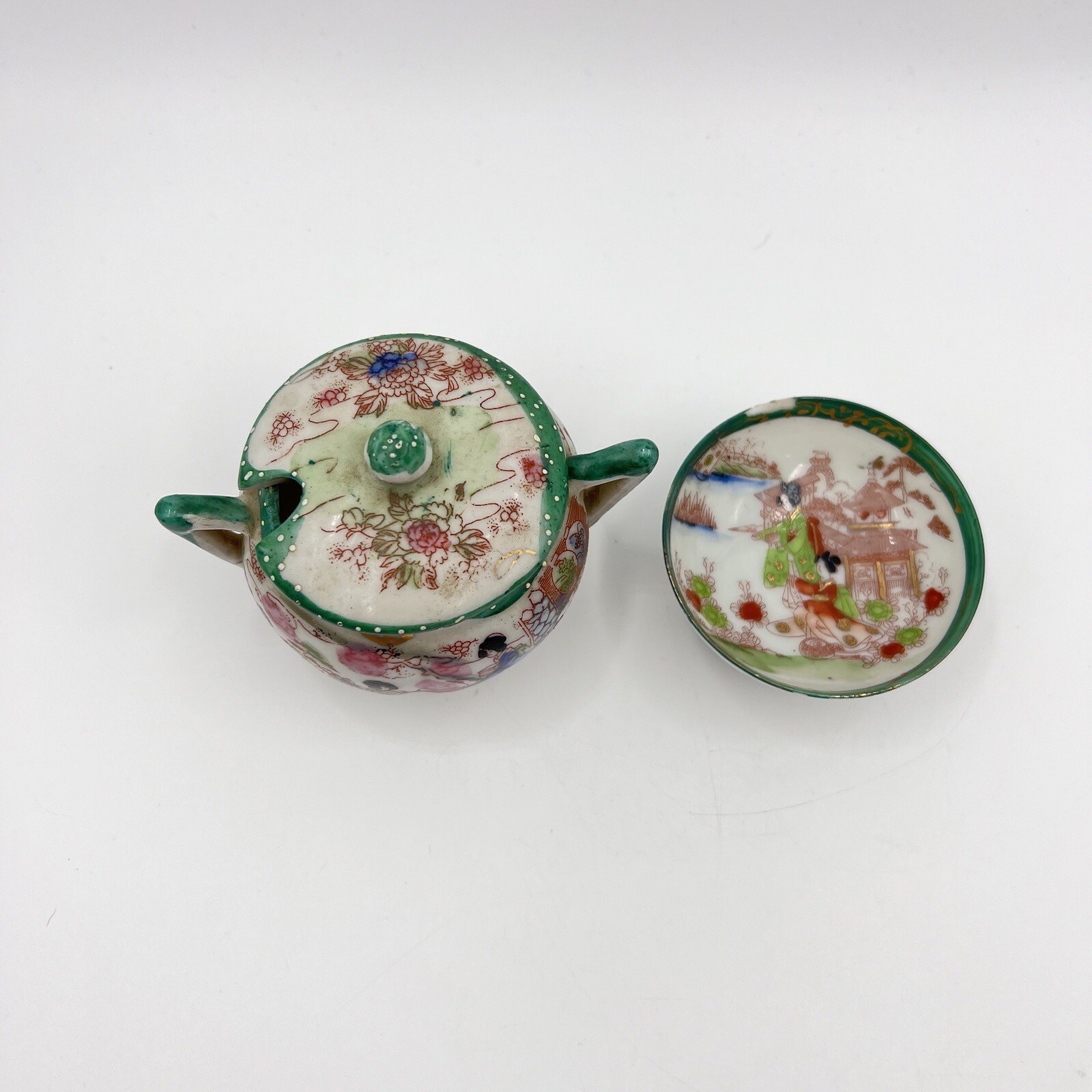 Hand Painted Japan China River Scene Set Of 2 Dishes Creamer Sugar Small Bowl