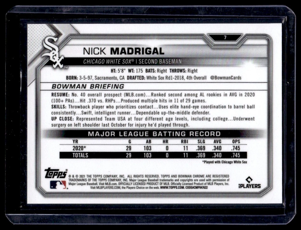 2021 Bowman Chrome Variation Refractor Nick Madrigal RC Chicago White Sox #7 - Image 2 of 2