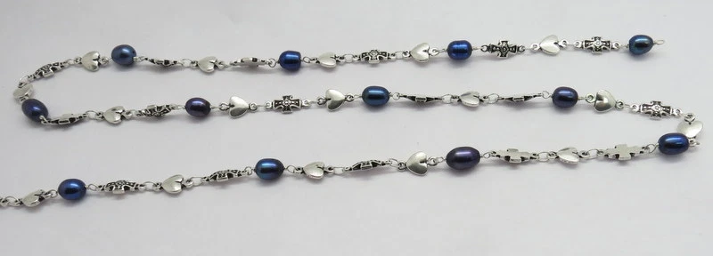 Cadena Rosario Azul Medianoche Perla Cuentas Collar Cruz Cadena 4 Pies Largo Foto 3 de 3