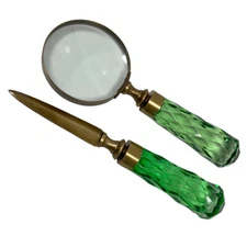Brass and Glass Magnifier and Letter Opener Desk Set- Antique Vintage Style
