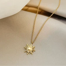 Women Gold Tone Stainless Steel Sun Charm Pendant Necklace Gift PE44