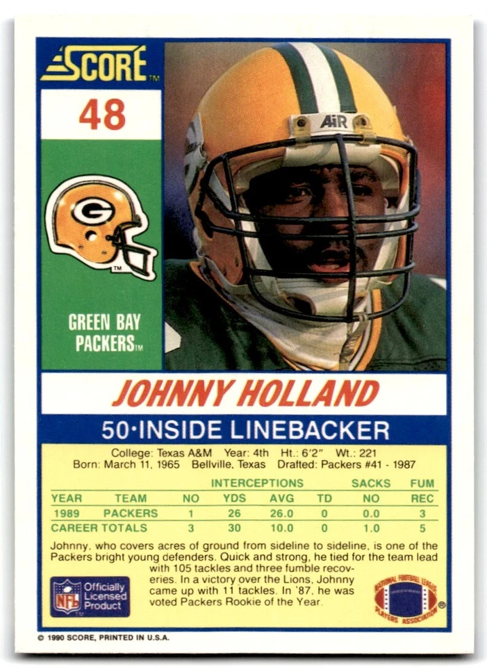 1990 Score Johnny Holland Green Bay Packers #48 - Image 2 of 2