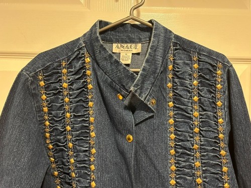 ANAGE Woman sz 1X BLUE Jean DENIM COTTON JACKET gold METAL EMBELLISHMENTS Snaps - Picture 2 of 11