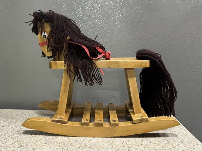Vintage Small Wooden Rocking Horse 9  L  3.5  W Yarn Hair in VGC