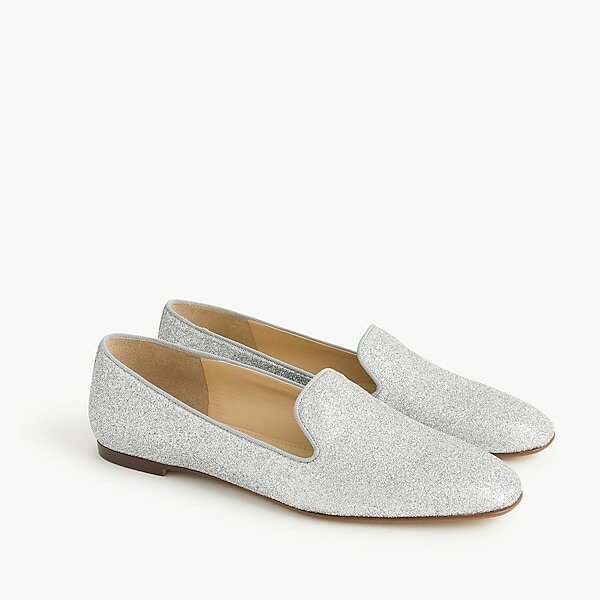 J Crew H5522 NIB Size 6M Silver Metallic Glitter Slip-On Loafers Flats Shoes