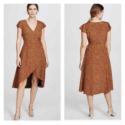 BB Dakota Women's S Leopard Print Belted Wrap Dress l Tulip Hem Orange/Black - Afbeelding 1 van 12