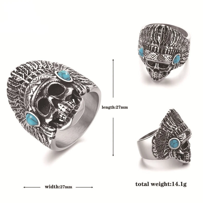 Anillo Jefe Indio Turquesa Azul De Colección Acero Inoxidable Para Hombre Motociclista HipHop Anillo Foto 4 de 4