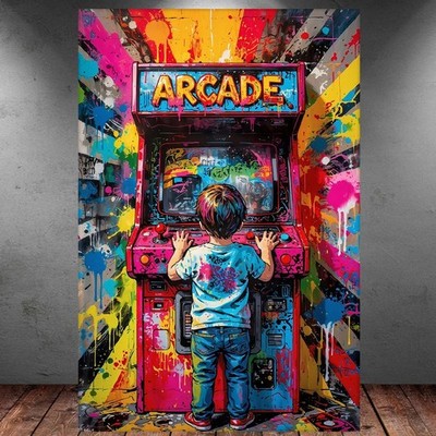 LEINWAND BILD ER XXL ABSTRAKT BANKSY ARCADE KID GAMING BUNT WAND POSTER 1693