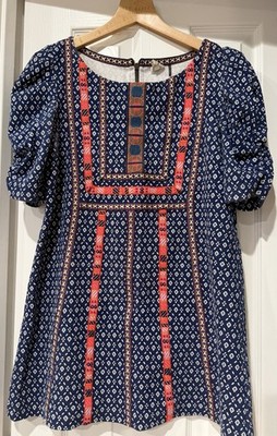 Anthropologie Akemi Kin Blue Embroidered Seva Tunic Mini Dress Ruched Sleeves SM
