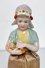 Antique German Half Doll Pin Cushion Girl In Bonnet Holding Flowers 