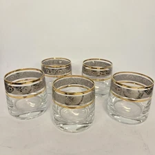 Crystalex Bohemian Mid Century Gold Trim Vintage Whiskey Glasses 4" Tall Set (5)