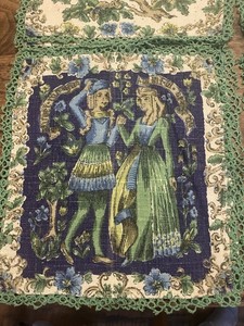 Vintage Set Of Linen Print Napkins/Placemats With Handmade Lace Edging