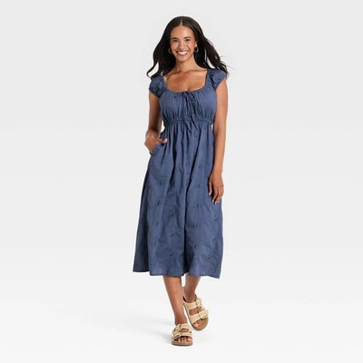 Women Cap Sleeve Eyelet Midi Sundress - Universal Thread Slate Blue L
