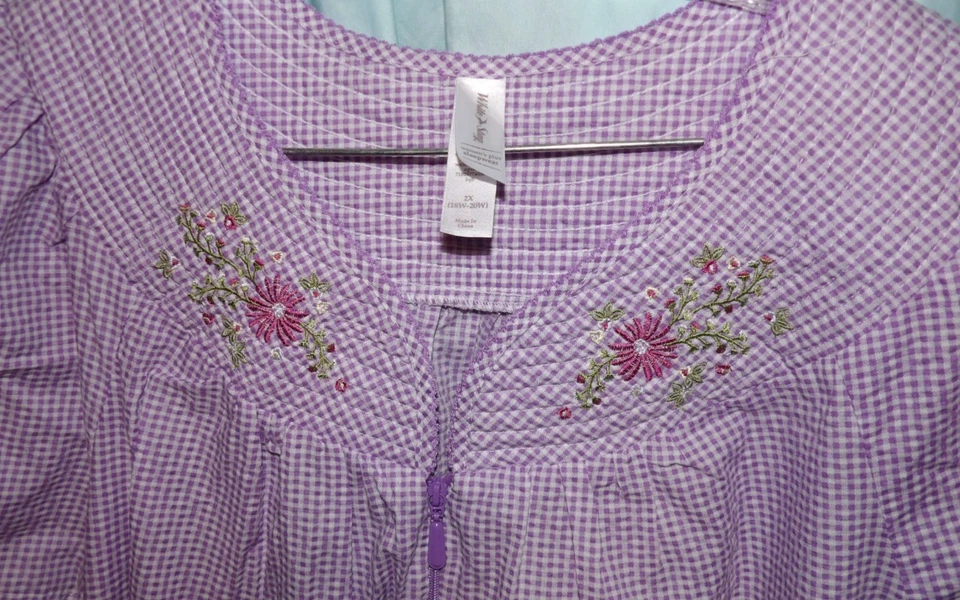Vestido para dormir blanco ciervo púrpura blanco a cuadros guinga bordado SS cremallera completa talla 2X Foto 4 de 4