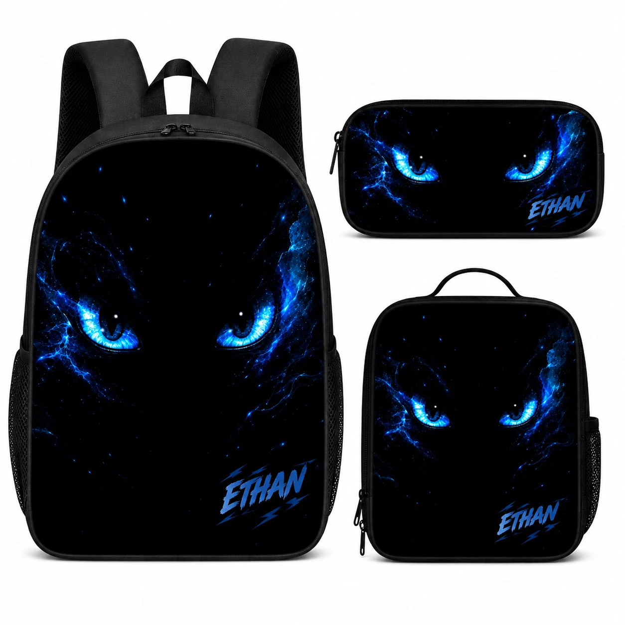 Personalized Blue Eyes School Backpack Lunch Bag Pencil Case 3PC Set