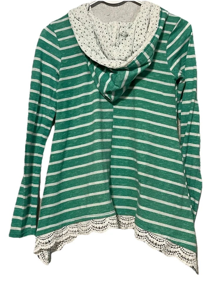 Sudadera con Capucha Autoestima Para Mujer XS Verde Blanco Rayas Pullover Suéter Top Borde de Encaje Foto 4 de 4