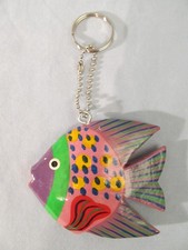 One 1 Vintage hand-made wooden Fish Keychain in wonderful colors 2    x 3  