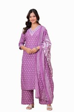 Women's  Girl's Pure Cotton Printed Straight Kurta Set with Palazzo  Dupatta