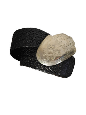 MOROCCO braided black leather belt - wide silver hand hamsa buckle - to 34''