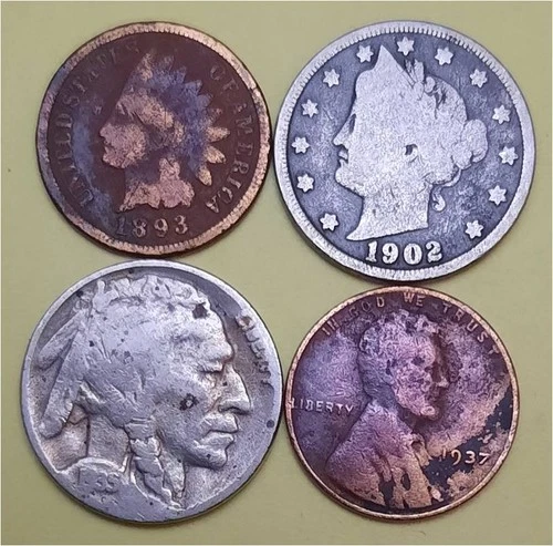 Lot of 4 Old Coins – 1 Indian Head Penny, 1 Lib V 5c, 1 Buffalo 5c & 1 Linc 1c