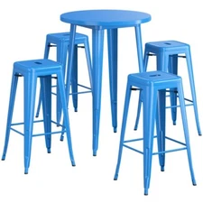 30" Round Blue Metal Restaurant Bar Table Set with 4 Backless Barstools Chairs