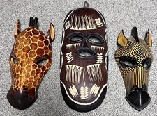 3 African Hand Carved Wooden Masks Lot Of THREE GIRAFFE ZEBRA from SOUTH AFRICA