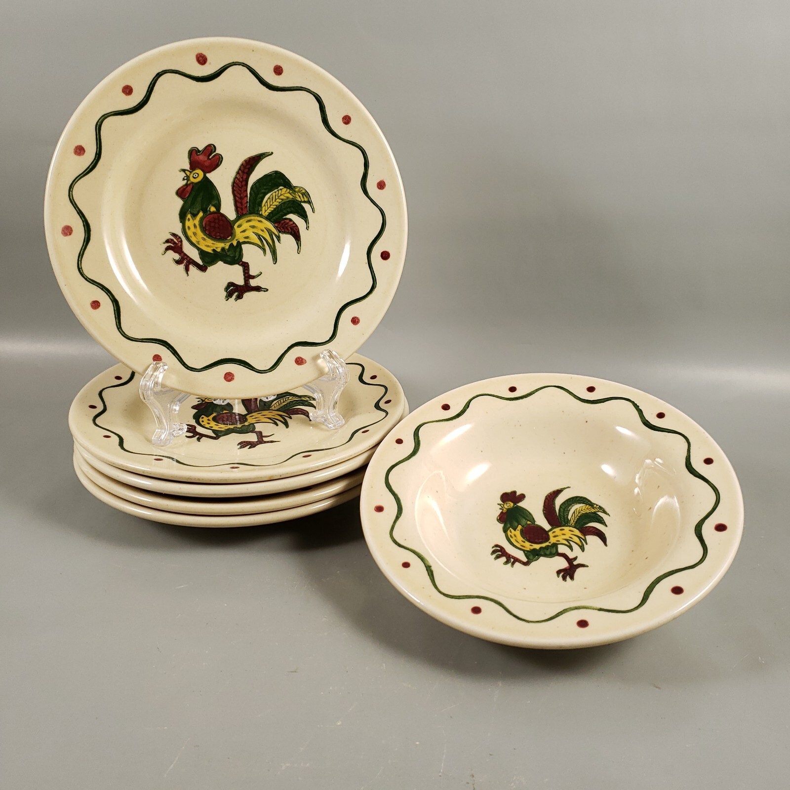 Vintage METLOX POPPYTRAIL Provincial Green Rooster BREAD PLATE & BOWL SET