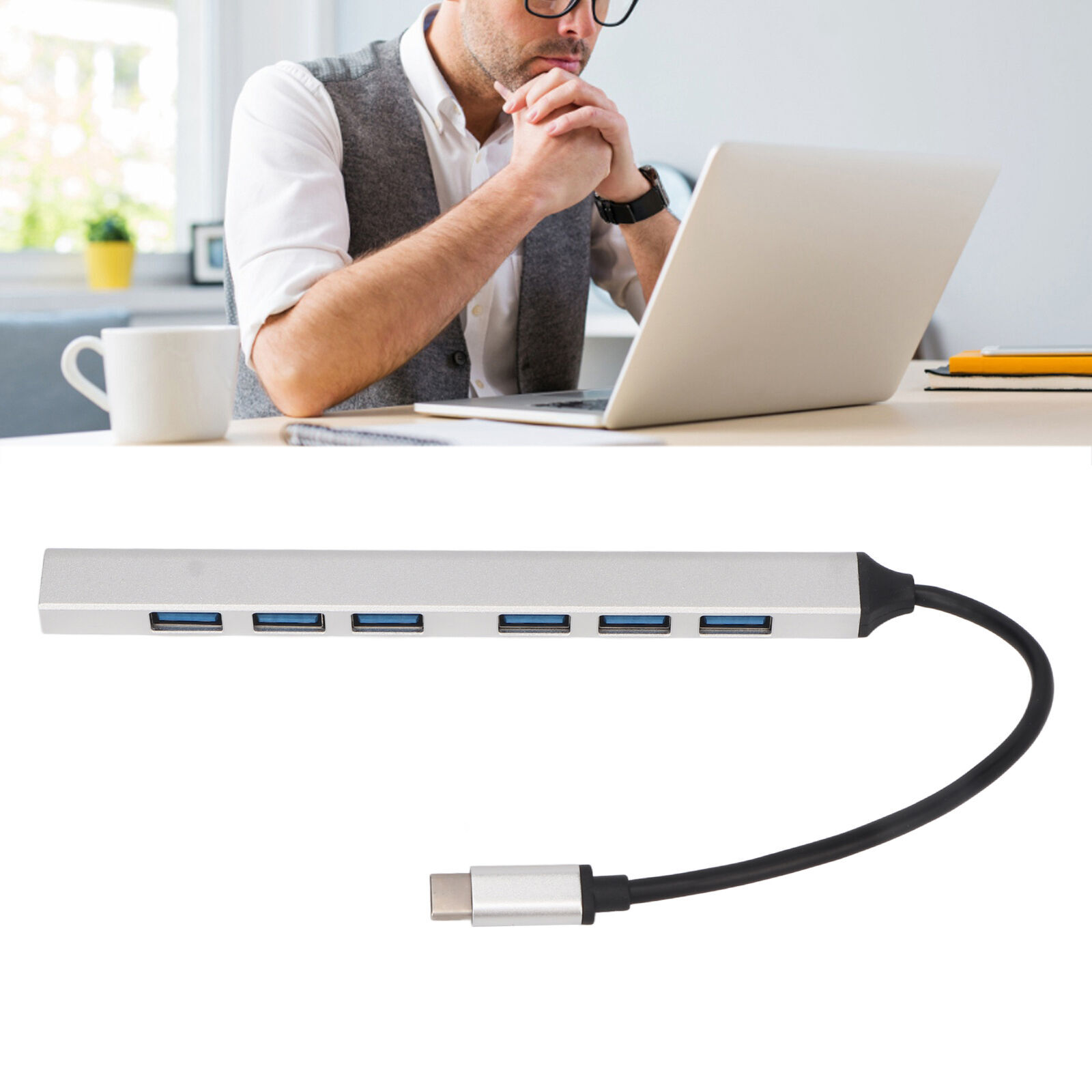 7-in-1 USB C Hub with 7xUSB 3.0 Ports - Plug & Play Multiport Adapter in Silver