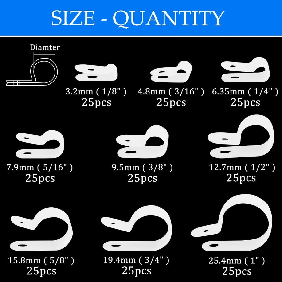 200 Kabelklemmen Aus Nylon – R-Typ, Weiß, Für 3,2 Mm Kabel | Ordnungshilfe Für Kabelchaos
