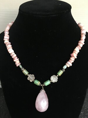 Barse 925 Sterling Silver Rose Quartz Green Turquoise Bead Stone Necklace 16''