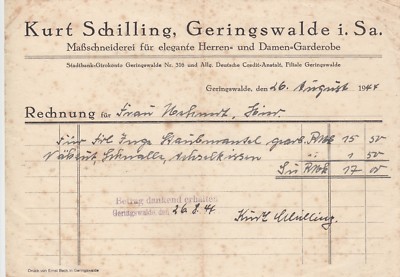 Geringswalde, invoice 1944, Kurt Schilling tailor men's-women's wardrobe