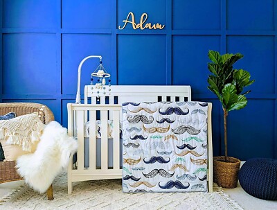 Boho Little Man Mustache, 100% Organic Cotton 4-Piece Baby Boy Nursery Bedding C