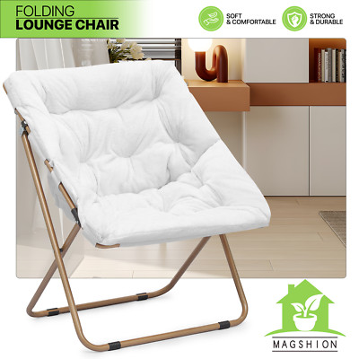 Folding Saucer Moon Lounge Chair White Oversized Square Faux Fur Upholstery Seat