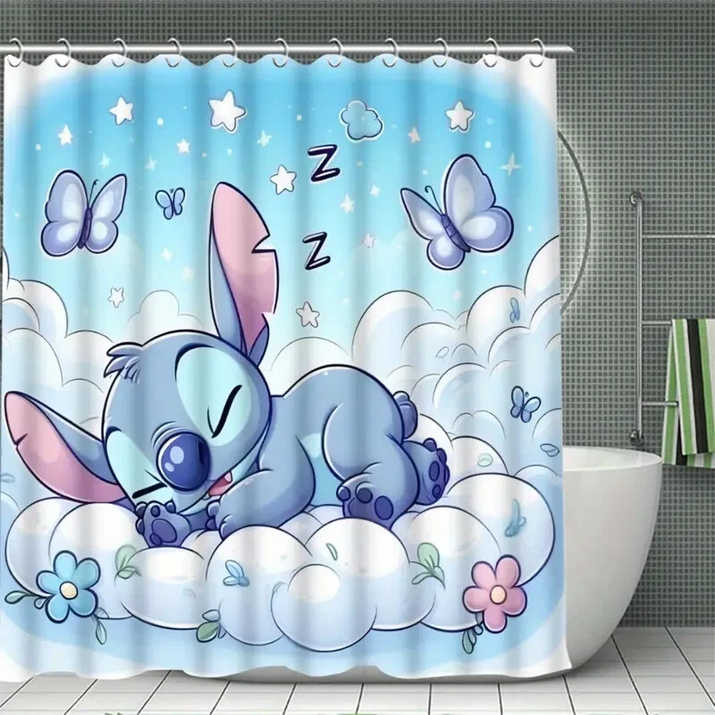 Disney Stitch Four-Piece Bathroom Set with Shower Curtain and Bath Mat