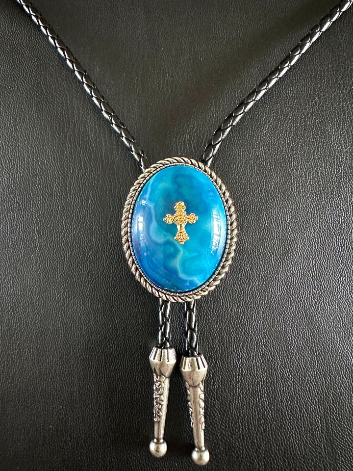 Corbata de vaquero occidental hecha a mano azul ágata oro cruz bolo corbata Foto 2 de 4