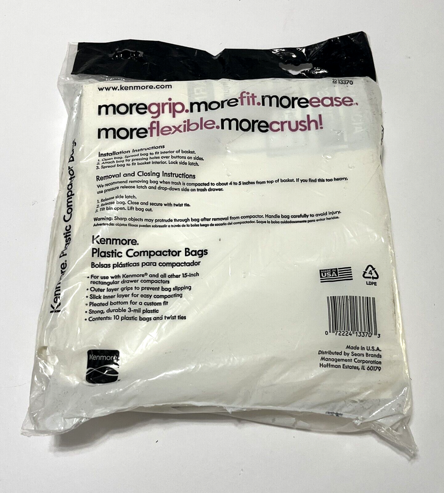 KENMORE CRUSH Genuine OEM Plastic Trash Compactor 15 Bags 2213370 15