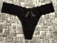 NWT Victoria's Secret Cotton Floral Lace-waist Thong Panty Black Small  S