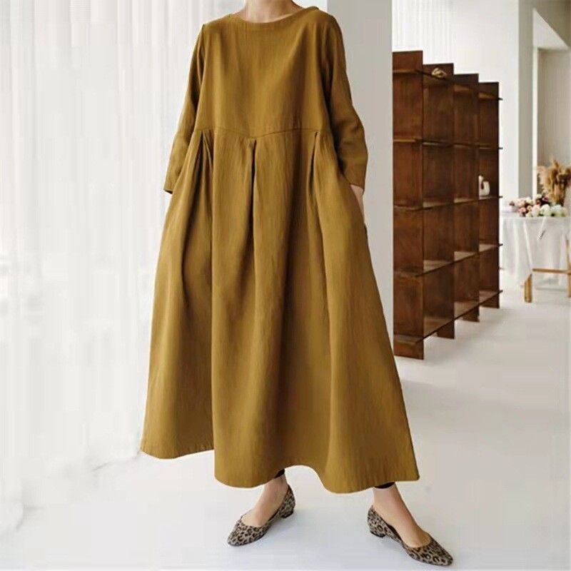 chinese dress ladies Black Floral Print Loose Fit Crew Neck Midi Dress Mushroom Taupe / L main image 0