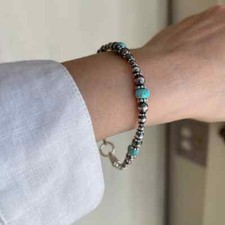 Stunning 6mm Blue Kingman Turquoise Sterling Silver Beaded Gemstone Bracelet